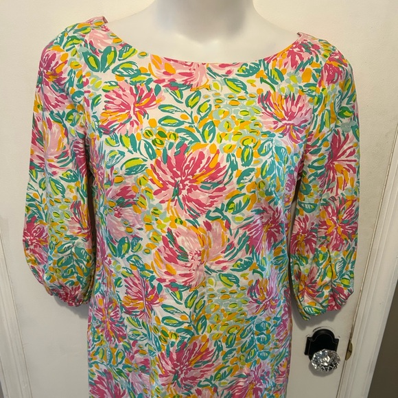 Lilly Pulitzer Pink Orange Sheath Dress with Bishop Sleeves - Size: 12 - Picture 2 of 8